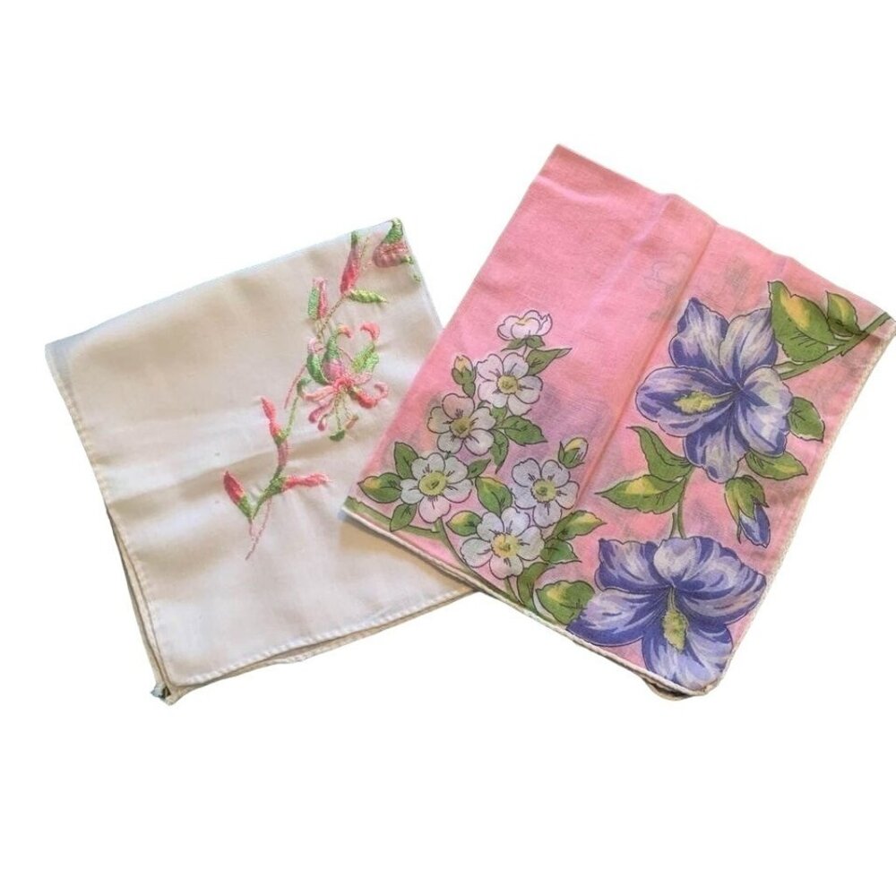 Vintage Embroidered & Floral Cotton Handkerchief Set